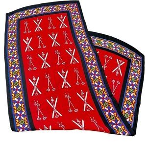 VINTAGE Glentex Multi-colored Wool Scarf White Ski Poles and Ski's